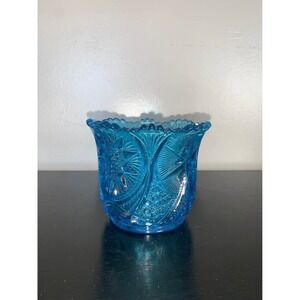 Vintage Kemple Glass Yutec Aqua Blue Pressed Glass Candleholder 1950s–1970s